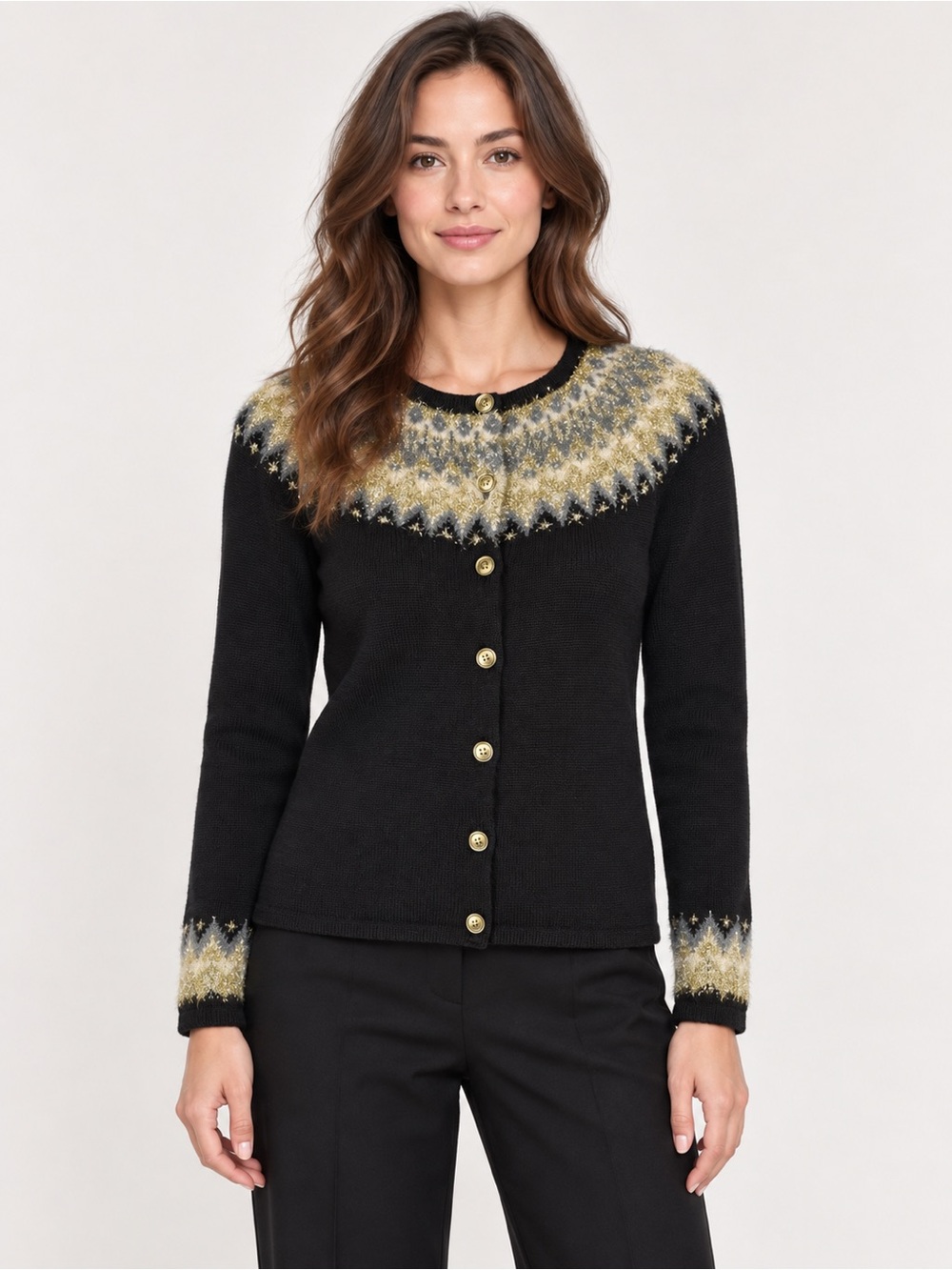J. McLaughlin Wool Black Fair Isle Yoke Gold Buttons Cardigan Size S